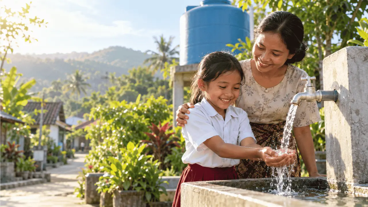 Ibu dan anak bersyukur mendapatkan akses air bersih